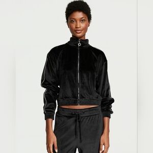 Victorias Secret Hoodie Track Jacket Black Velour Lux Diamante Full Zip Large